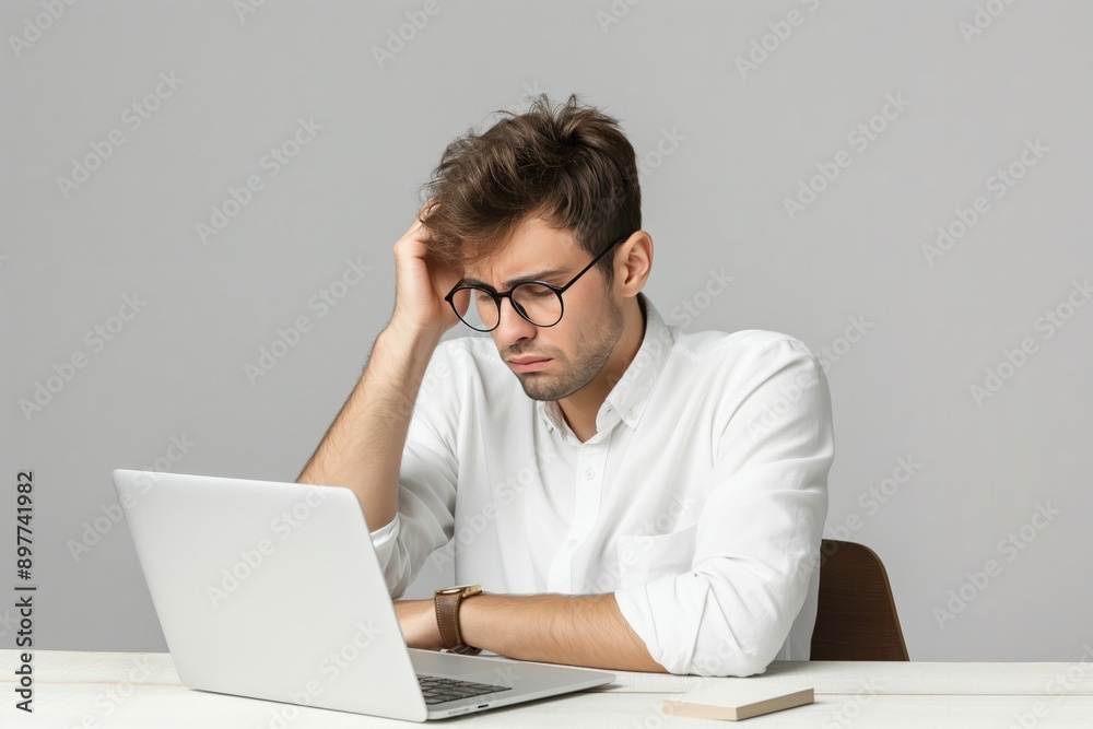 A stressed young man with glasses working at a desk with a laptop, symbolizing work anxiety and challenges. Perfect for business and mental health themes. A stressed young man with glasses working at a desk with a laptop, symbolizing work anxiety and challenges. Perfect for business and mental health themes.