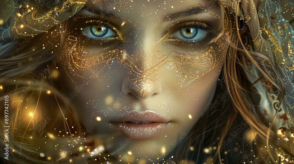 a woman with blue eyes and gold stars around her face a woman with blue eyes and gold stars around her face