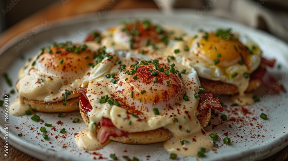 Eggs Benedict with bacon, hollandaise sauce, and chives on a plate. Eggs Benedict with bacon, hollandaise sauce, and chives on a plate.