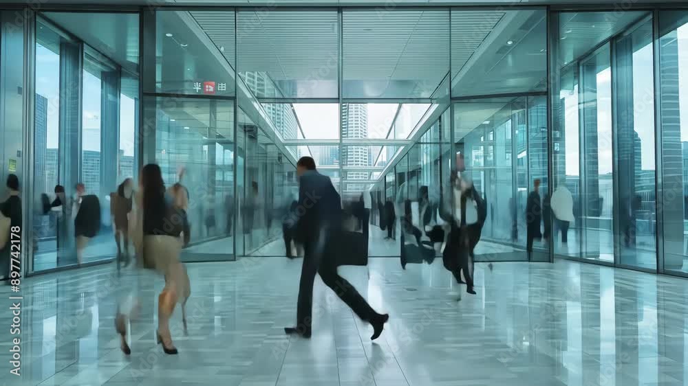 Four businessmen walk through a modern office building lobby, their suits blending with the glass and steel. timelapse