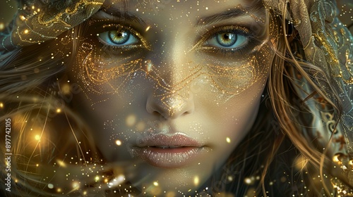 a woman with blue eyes and gold stars around her face