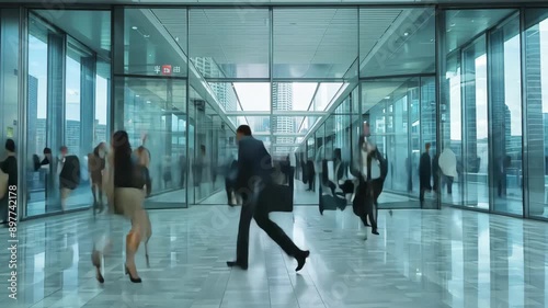Four businessmen walk through a modern office building lobby, their suits blending with the glass and steel. timelapse