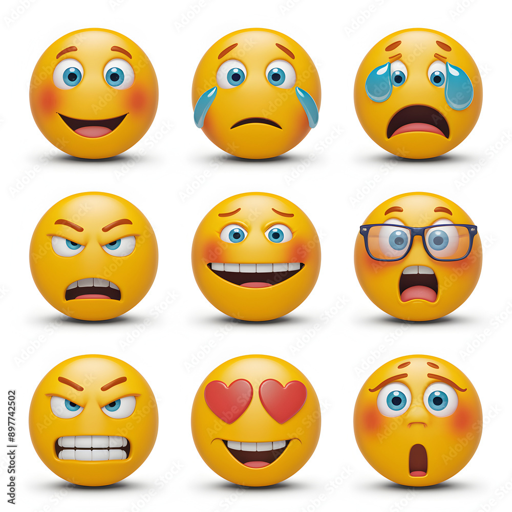 The Spectrum of Emotions: A vibrant collection of 3D emojis capturing the full range of human feelings, from joy and love to sadness and anger. The Spectrum of Emotions: A vibrant collection of 3D emojis capturing the full range of human feelings, from joy and love to sadness and anger.
