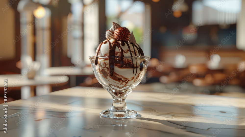 Sundae ice cream frozen dessert in tulip glass cup Sundae ice cream frozen dessert in tulip glass cup