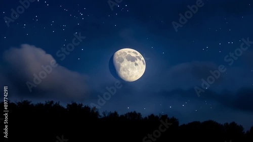 A bright, waxing gibbous moon shines in the night sky, surrounded by a smattering of stars. timelapse