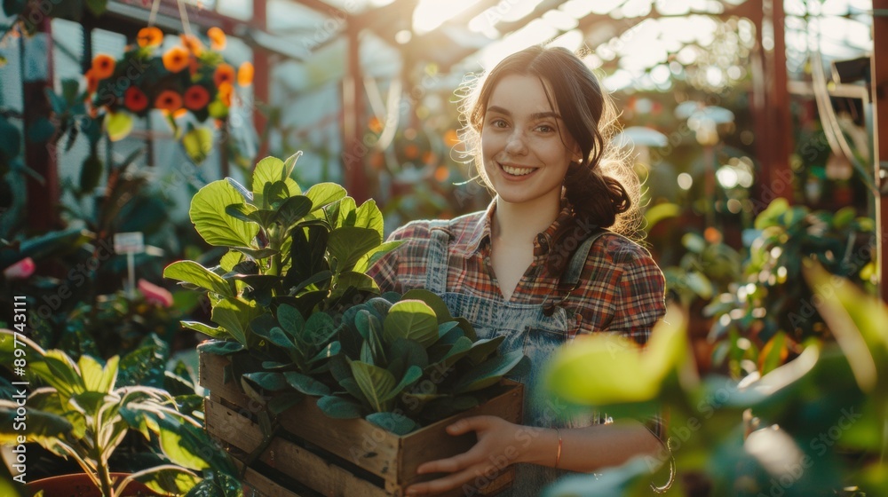 Obraz premium Beautiful young farmer girl smiling at the camera while holding a basket with plants and vegetables
