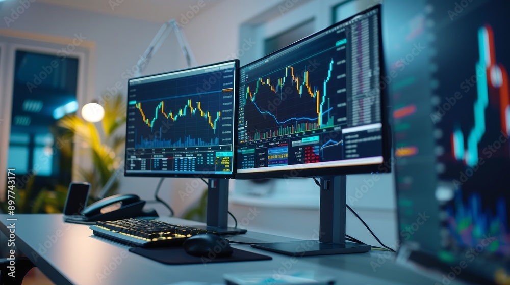 An investment analyst's workstation with multiple monitors displaying real-time financial charts. Arrows in vivid hues highlight key trends. The setting includes modern office equipment An investment analyst's workstation with multiple monitors displaying real-time financial charts. Arrows in vivid hues highlight key trends. The setting includes modern office equipment