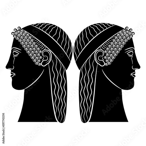 Symmetrical ethnic design with two heads in profile of Ancient Greek women or goddesses. Demeter and Persephone. Black and white silhouette.