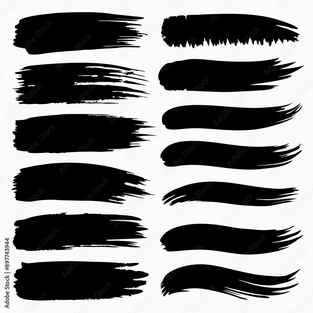 several distinct black brush strokes in various styles and intensities are arranged in two horizontal rows several distinct black brush strokes in various styles and intensities are arranged in two horizontal rows
