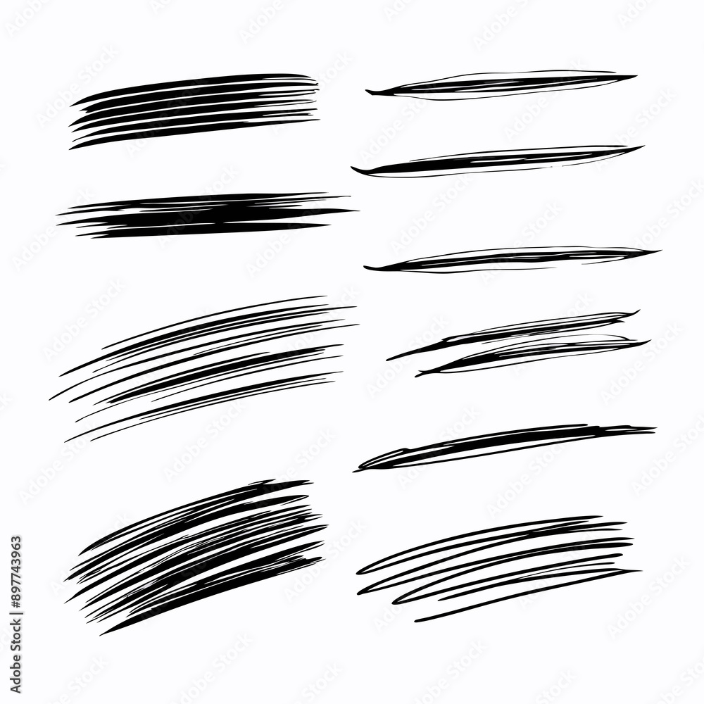 several distinct black brush strokes in various styles and intensities are arranged in two horizontal rows several distinct black brush strokes in various styles and intensities are arranged in two horizontal rows
