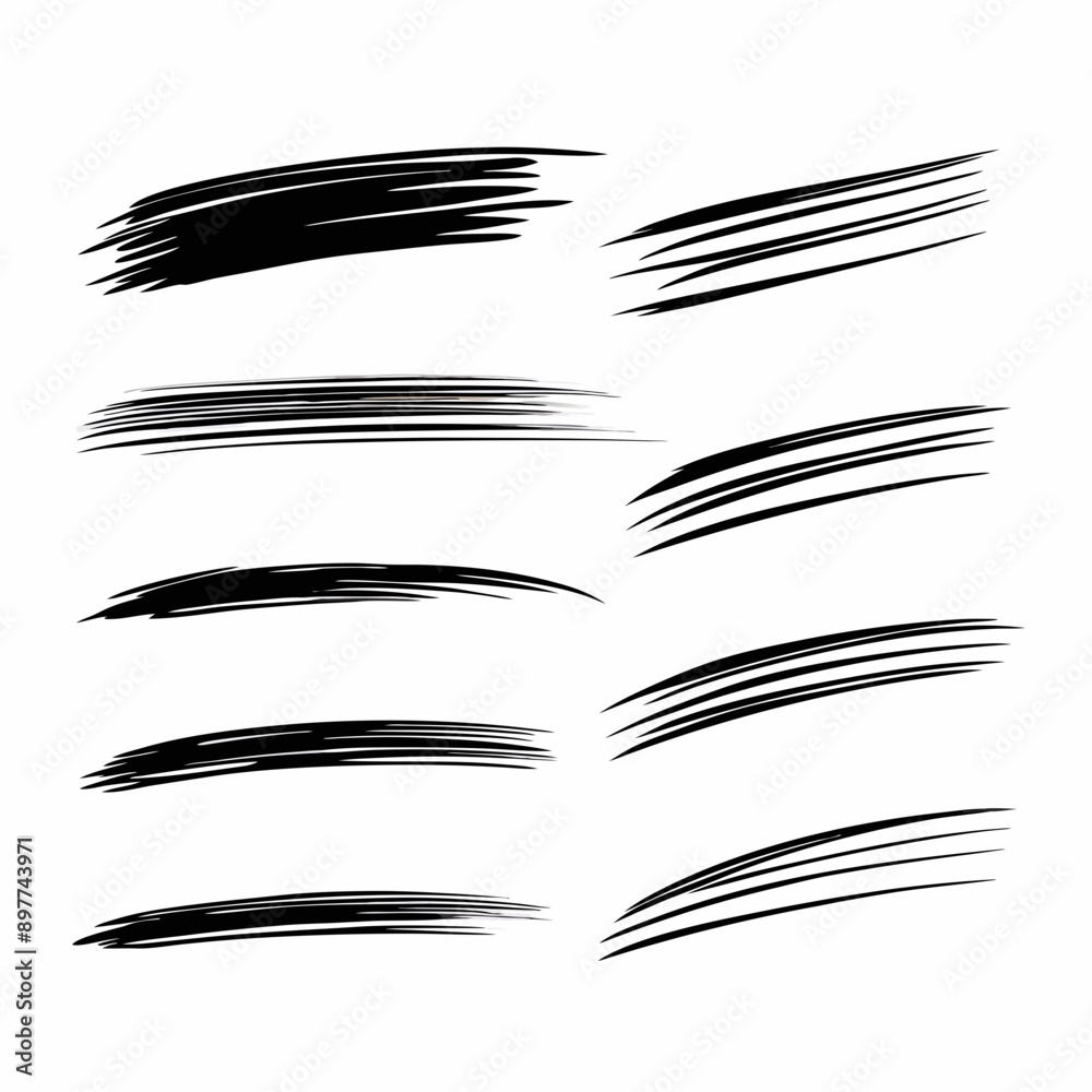 several distinct black brush strokes in various styles and intensities are arranged in two horizontal rows several distinct black brush strokes in various styles and intensities are arranged in two horizontal rows