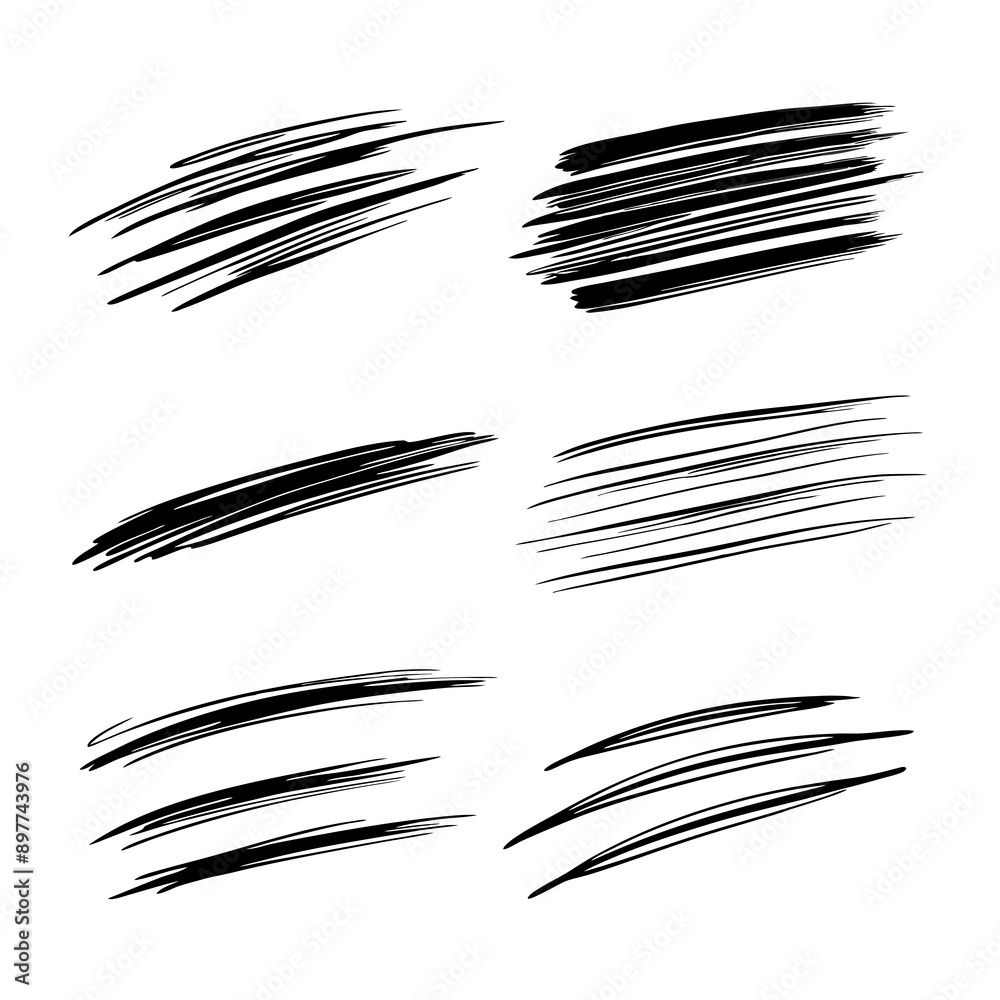 several distinct black brush strokes in various styles and intensities are arranged in two horizontal rows several distinct black brush strokes in various styles and intensities are arranged in two horizontal rows