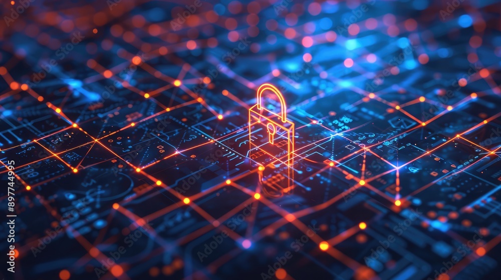 Abstract tech lines with a padlock icon, emphasizing the importance of network security. Abstract tech lines with a padlock icon, emphasizing the importance of network security.