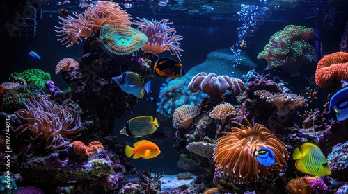 Fototapeta Naklejka Na Ścianę i Meble -  A serene scene of a reef tank with vibrant coral and exotic fish