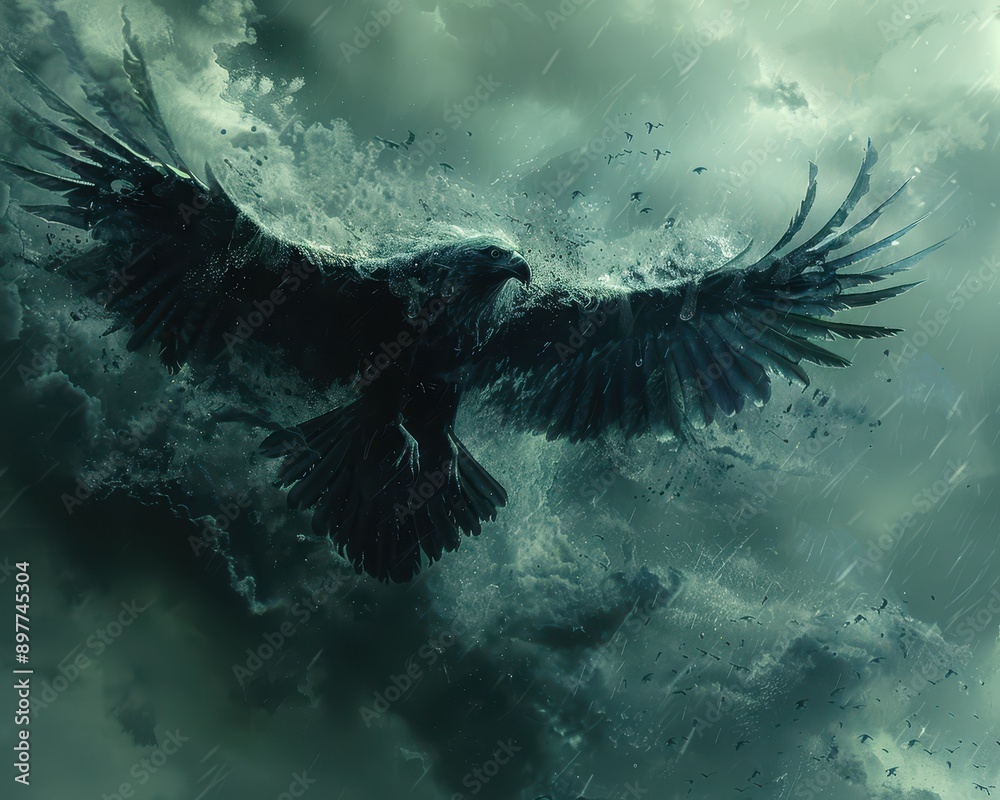 Obraz premium Fearsome Harpy in Flight - A Mythical Creature Soaring Through Stormy Skies Ready for Battle