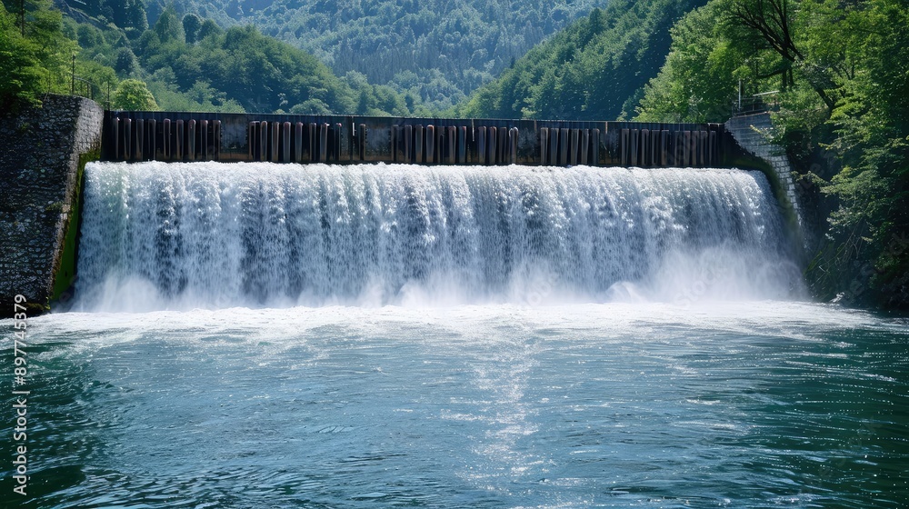 A waterfall generating hydroelectric power, showcasing renewable energy. A waterfall generating hydroelectric power, showcasing renewable energy.