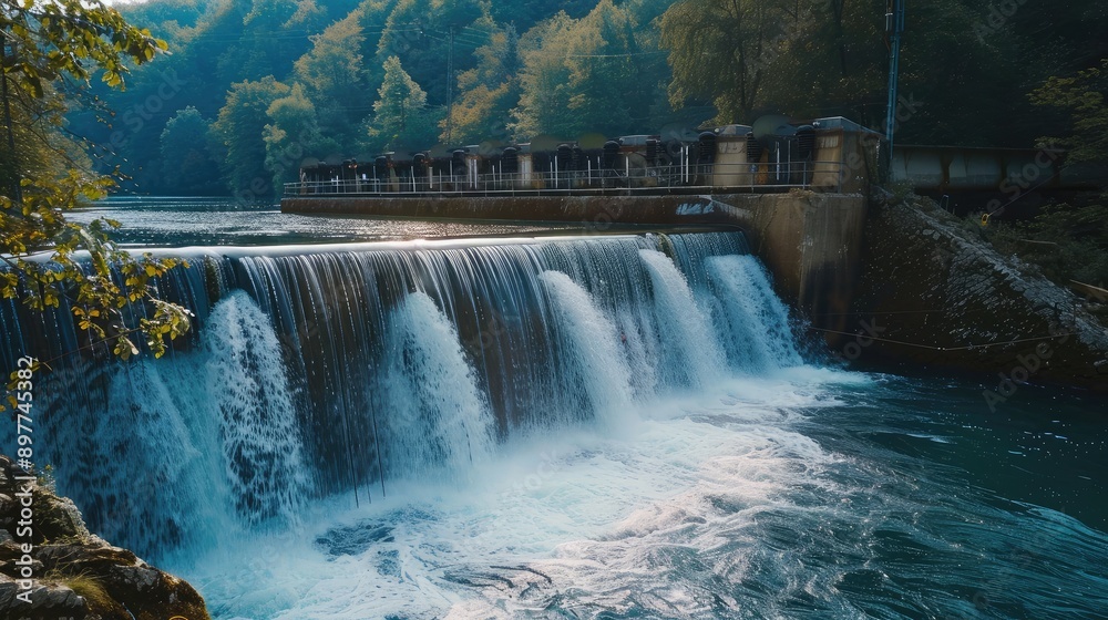A waterfall generating hydroelectric power, showcasing renewable energy. A waterfall generating hydroelectric power, showcasing renewable energy.