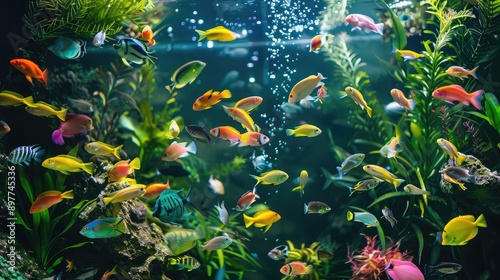 A vibrant aquarium filled with colorful tropical fish swimming among lush aquatic plants.