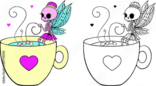 SVG illustration of cute skeleton fairy sitting on a cup of coffee, halloween clipart, color version and coloring pages version ideal for sublimation