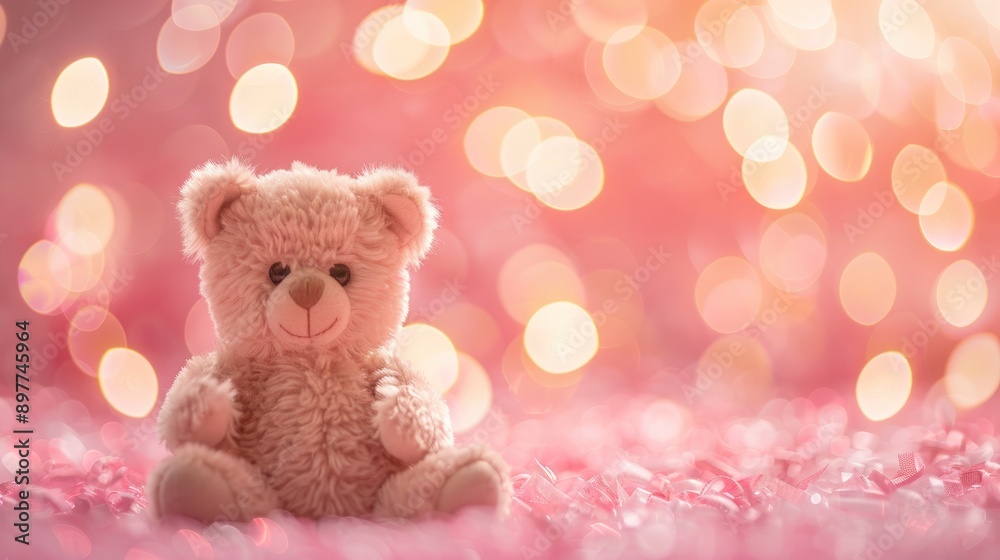 Fototapeta premium Small teddy bear doll sitting with blurry pink bokeh background