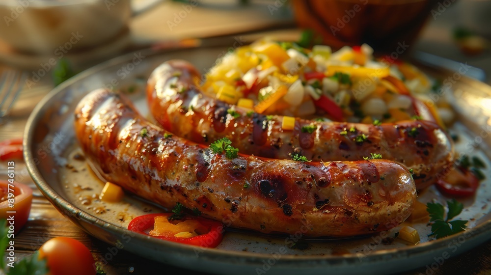 Grilled sausages with vegetable salad on a plate. Grilled sausages with vegetable salad on a plate.