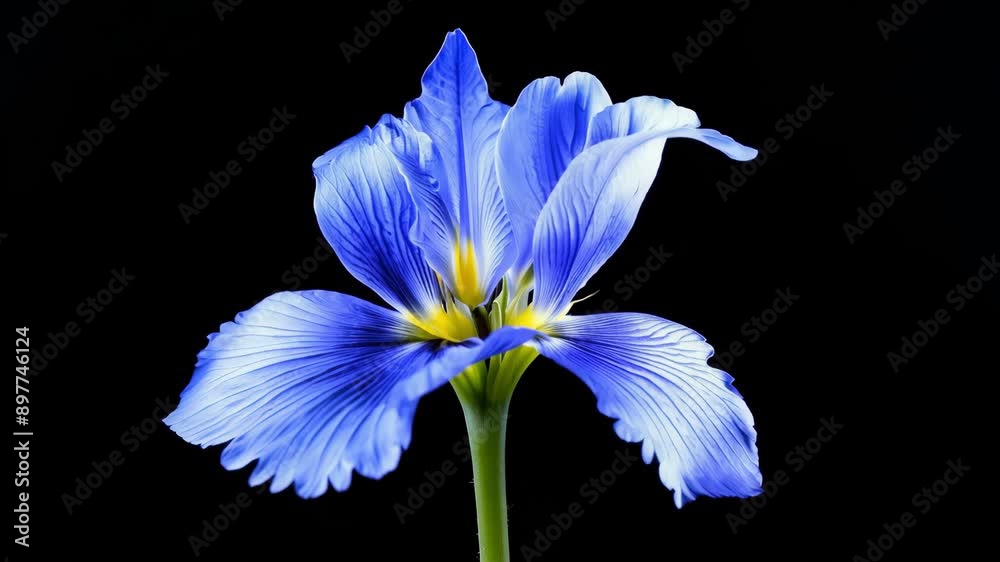 A single blue iris flower blooms in a time lapse, captured close-up against a black background. timelapse