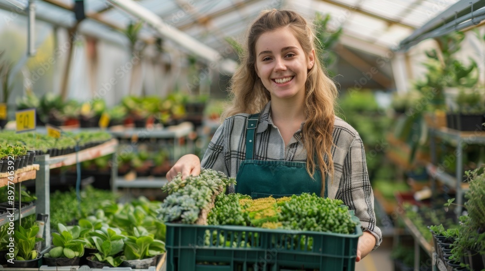 Beautiful young farmer girl smiling at the camera while holding a basket with plants and vegetables Beautiful young farmer girl smiling at the camera while holding a basket with plants and vegetables