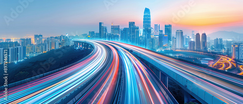 A vibrant cityscape, illuminated by the warm glow of sunset, with a winding highway bustling with traffic, captured with long exposure to create streaks of colorful light