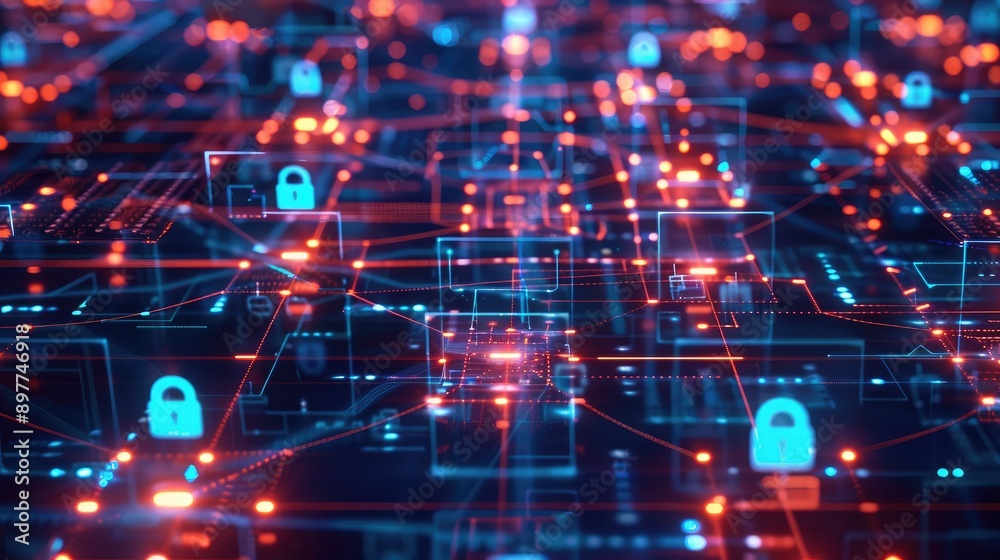 Abstract grid with network security symbols, highlighting data protection in a digital world. Abstract grid with network security symbols, highlighting data protection in a digital world.