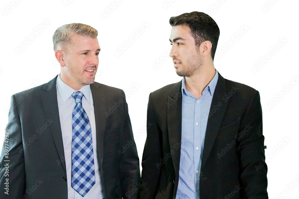 Head shot of younger and older man walking isolated over white background Head shot of younger and older man walking isolated over white background