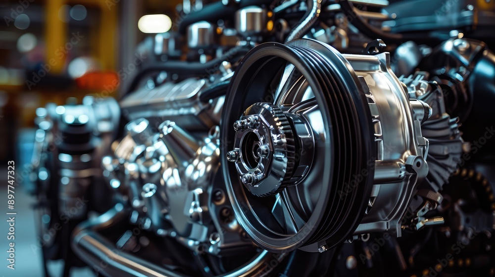 A powerful car engine with visible components, highlighting automotive engineering prowess. A powerful car engine with visible components, highlighting automotive engineering prowess.