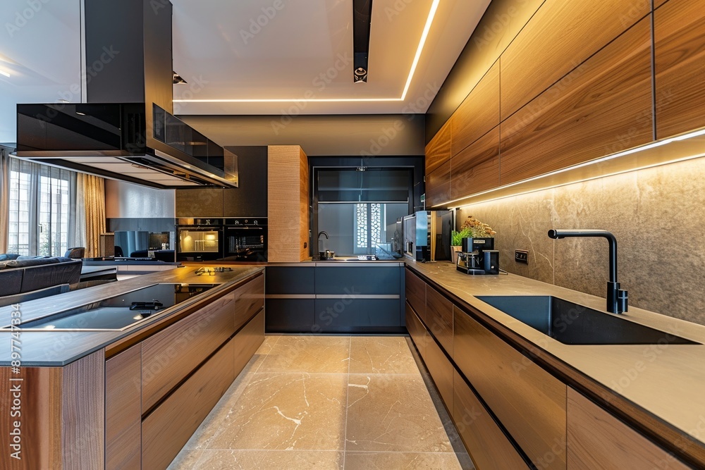 modern luxury kitchen with black and brown cabinets. modern luxury kitchen with black and brown cabinets.
