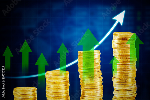 Business graph with arrow and coins showing profits and gains