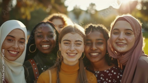 A diverse group of young women, all smiling warmly and standing closely together