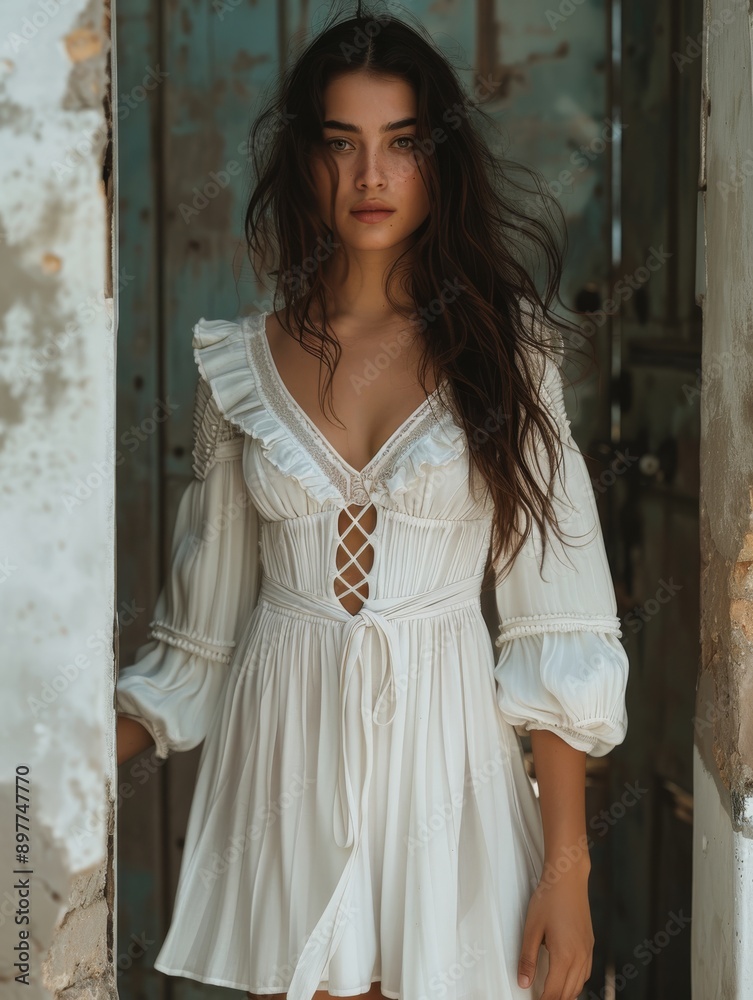 Woman in white dress standing in a rustic doorway. Woman in white dress standing in a rustic doorway.