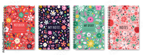 Floral composition set. Aesthetic botanical spiral notebook covers. Boho provence style print collection. EPS 10 vector illustration.