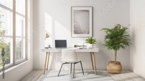 A minimalist study room with clean white desk, simple chair, laptop