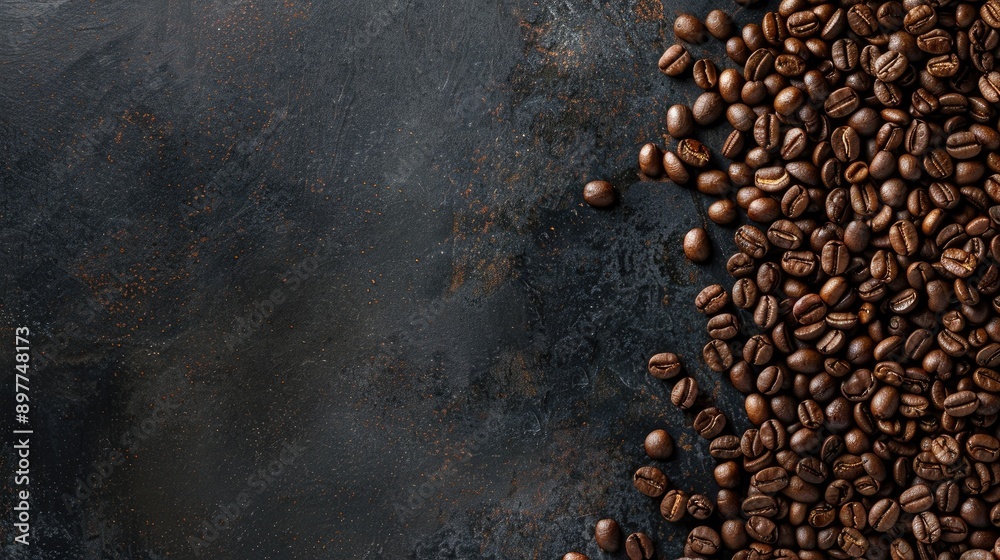 Roasted coffee beans in a vertical arrangement for a background with copy space Roasted coffee beans in a vertical arrangement for a background with copy space