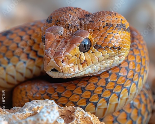 Venomous Inland Taipan Snake Coiled on Rocky Outcrop in Australian Outback - Detailed Close-up of Brownish-Tan Scales photo