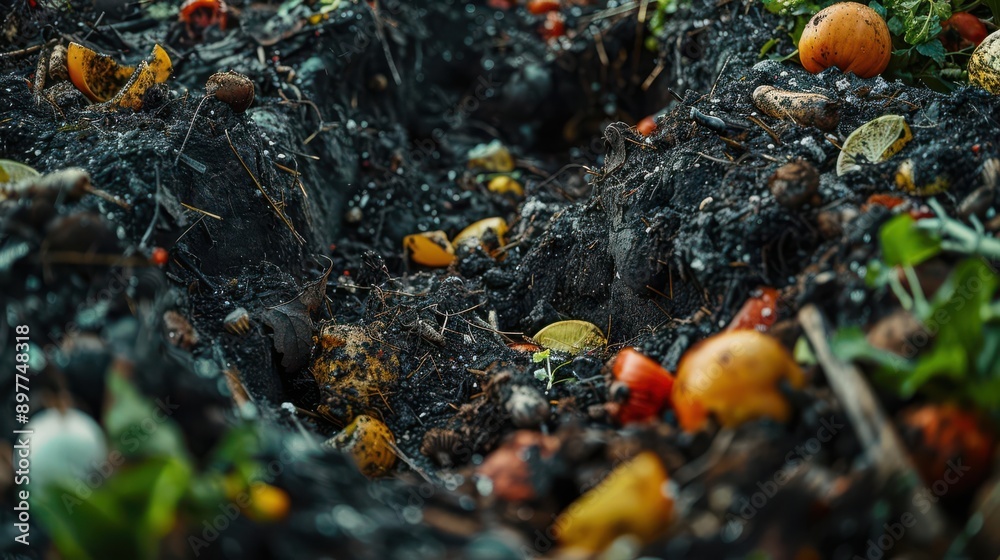 A close-up view of decomposing fruits and vegetables in rich, dark soil, emphasizing the beauty of organic material recycling. A close-up view of decomposing fruits and vegetables in rich, dark soil, emphasizing the beauty of organic material recycling.