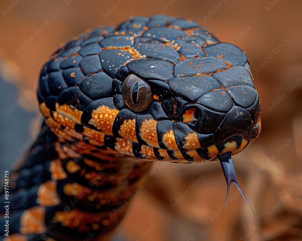 Black-necked Spitting Cobra in Defensive Posture on Dry Savannah Background