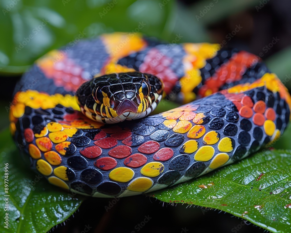 Vibrant Coral Snake Slithering Through Lush Forest Foliage Vibrant Coral Snake Slithering Through Lush Forest Foliage