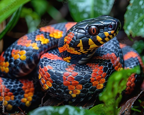 Vibrant Coral Snake Slithering in Forest - Stunning Red, Yellow, and Black Bands Amid Green Foliage