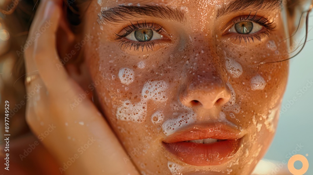 Close-up of a woman with clear skin enjoying a soothing facial wash, highlighting beauty, skincare, and freshness. Close-up of a woman with clear skin enjoying a soothing facial wash, highlighting beauty, skincare, and freshness.