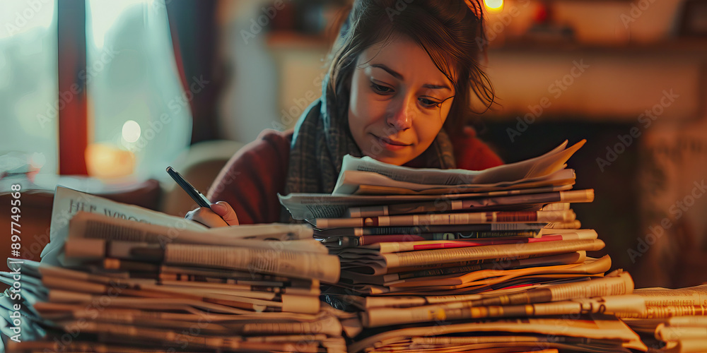 Well Informed Citizenry: A woman poring over a stack of newspapers, pens at the ready, in front of a fireplace Well Informed Citizenry: A woman poring over a stack of newspapers, pens at the ready, in front of a fireplace