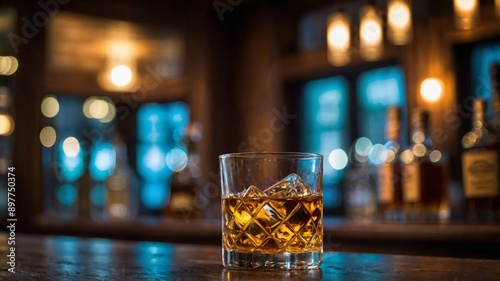 Glass with whiskey on wooden bar counter, bokeh background.