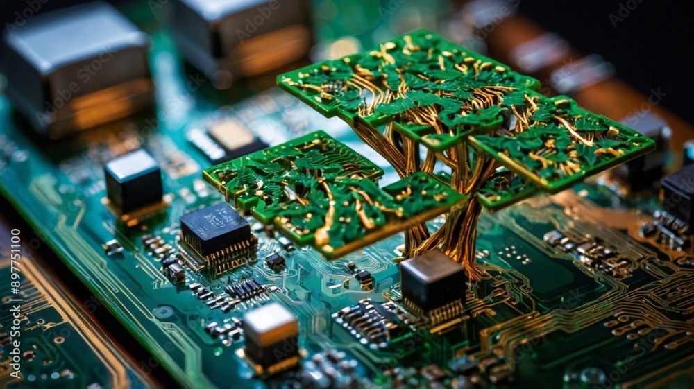 Obraz premium Small tree growing from a microchip on a circuit board, technology and sustainability concept.