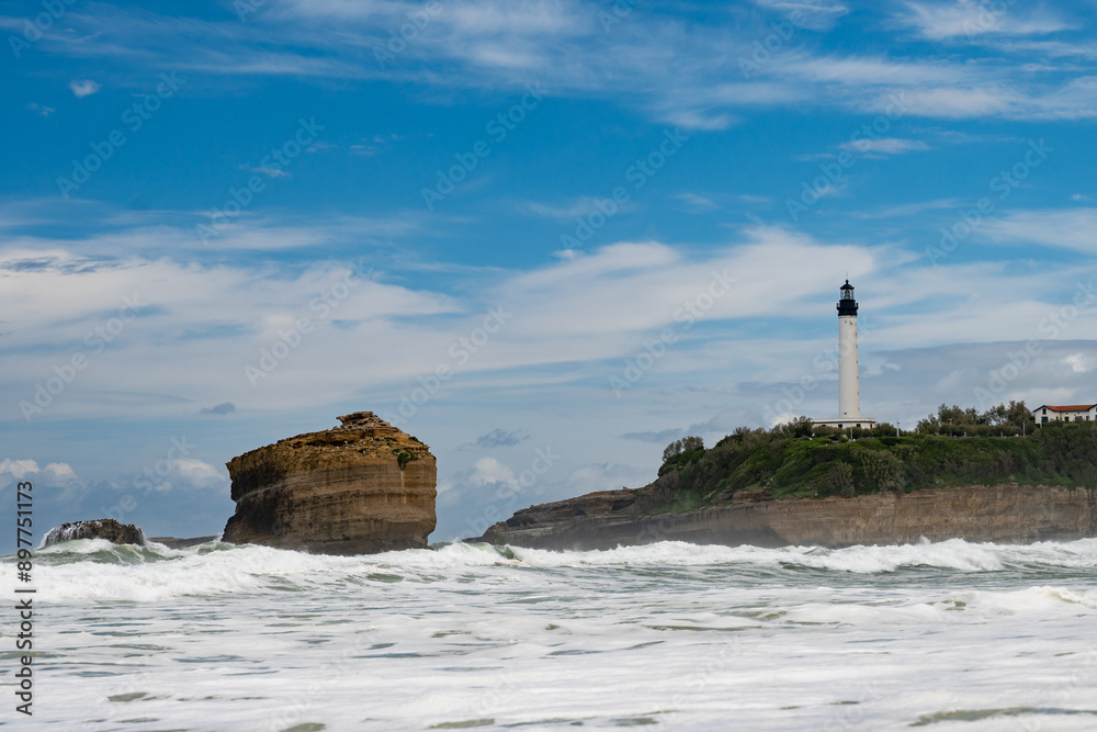 Panoramic view from Grand Plage on cliffs, lighthouse, sandy beaches of touristic Biarritz city, Basque Country, Bay of Biscay of Atlantic ocean, France Panoramic view from Grand Plage on cliffs, lighthouse, sandy beaches of touristic Biarritz city, Basque Country, Bay of Biscay of Atlantic ocean, France