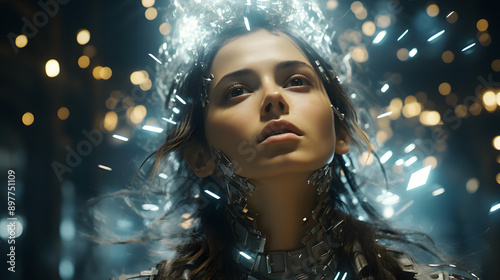 A close up shot of a young woman with futuristic technology encasing her head and neck, with sparkling lights in the background.