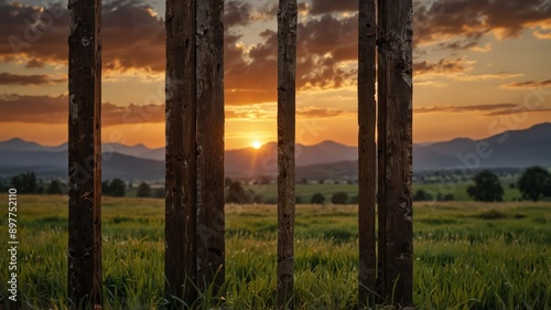 Inside out view of an old wooden door, mountains with grass and sunset in the background.
